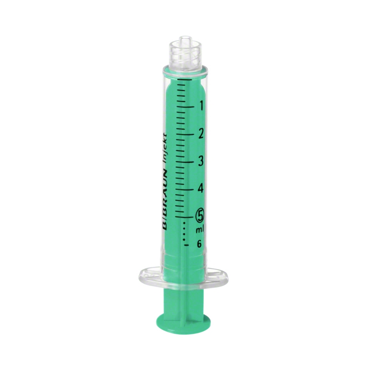 The B. Braun Injekt® Luer Lock Solo by B. Braun Deutschland GmbH & Co. KG is a 5-ml oral syringe with measurement markings and a transparent plastic tip, designed for precise liquid dosing. It is equipped with a Luer lock to ensure secure connections and stability in an upright position.
