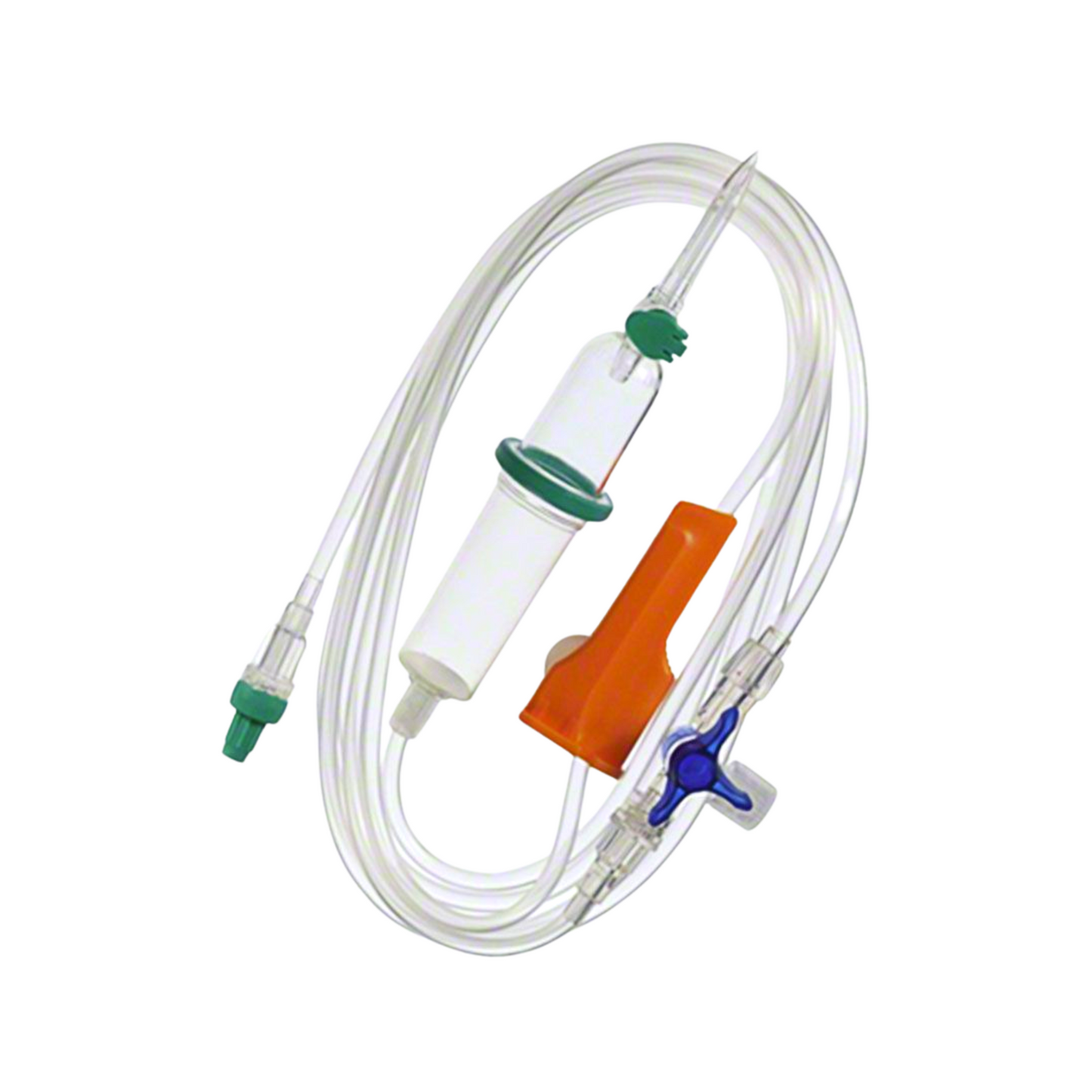 The image shows a B. Braun Intrafix® SafeSet IV infusion set from B. Braun Deutschland GmbH & Co. KG, which includes a transparent plastic tube, a drip chamber, a roller clamp, and a flow regulator. This set is designed for pressure and gravity IV infusions and comes with an AirStop filter membrane, a spike for fluid bags, as well as orange and green connectors.