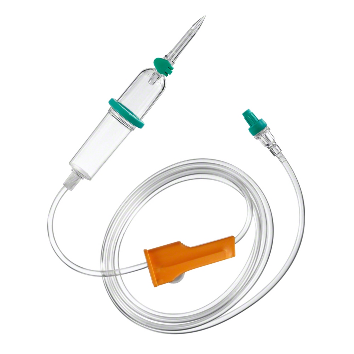 The B. Braun Intrafix® SafeSet Premium infusion device from B. Braun Deutschland GmbH & Co. KG consists of a transparent chamber connected to a 210 cm long transparent tube with an integrated Safeflow membrane valve. This set is equipped with a green connector for fluid supply and an orange flow control clamp to ensure precise and safe administration of fluids.