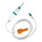 The B. Braun Intrafix® SafeSet Premium infusion device from B. Braun Deutschland GmbH & Co. KG consists of a transparent chamber connected to a 210 cm long transparent tube with an integrated Safeflow membrane valve. This set is equipped with a green connector for fluid supply and an orange flow control clamp to ensure precise and safe administration of fluids.