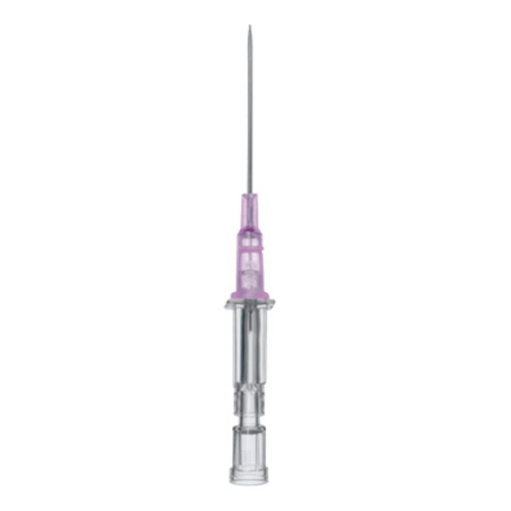 The B.Braun Introcan® injection needle with an orange hub and transparent plastic body is depicted against a plain white background and features an atraumatic needle tip for smoother insertion.