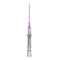 The B.Braun Introcan® injection needle with an orange hub and transparent plastic body is depicted against a plain white background and features an atraumatic needle tip for smoother insertion.
