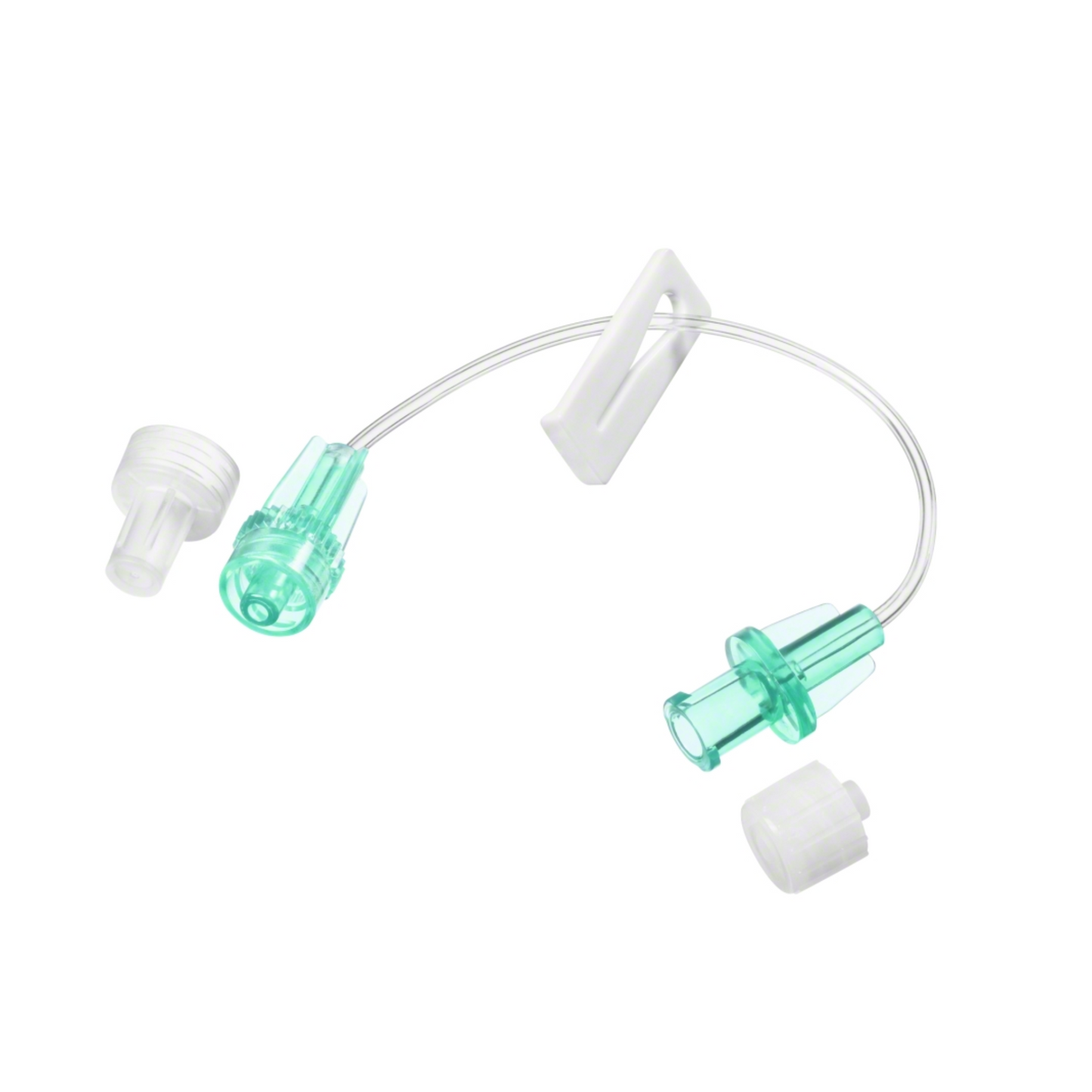 The B. Braun low-volume extension line for infusions consists of transparent, latex- and DEHP-free components, including green Luer-lock connectors and white caps. It includes a 30 cm long tube, end caps, and a white clip for attachment. The components from B. Braun Deutschland GmbH & Co. KG are neatly arranged on a plain white background.
