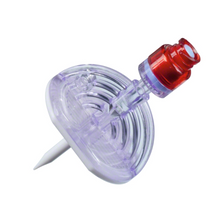 Close-up of the B.Braun Mini-Spike® 2, a transparent purple medical device from B. Braun Deutschland GmbH & Co. KG with a round, flat base and pointed tip. The top is equipped with a red Safeflow valve connection. This plastic product is designed for medical applications such as the administration of chemotherapeutic agents.