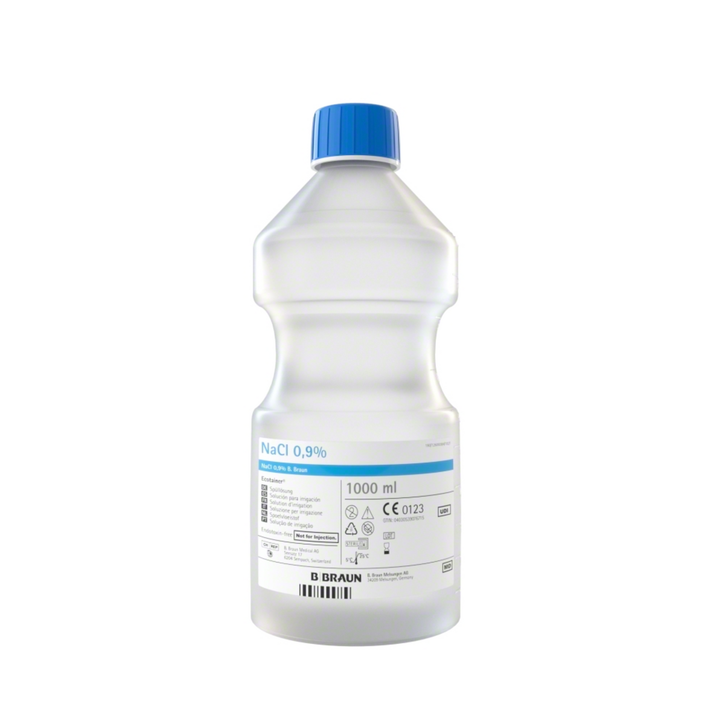 A 1-liter plastic bottle with B. Braun NaCl 0.9% Ecotainer® topical rinsing solution and a blue cap. The label contains information such as volume, concentration, CE marking, and manufacturer information from B. Braun Deutschland GmbH & Co. KG. This bottle is often used for medical purposes such as intravenous fluid administration.