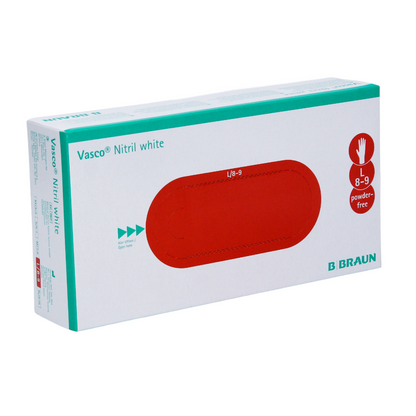 Schachtel mit weißen B. Braun Vasco® Nitril Einmalhandschuhen von B. Braun Deutschland GmbH & Co. KG, Größe 8-9. Die Verpackung hat ein rotes ovales Design mit einem Handsymbol in der Ecke, das latexfreie, puderfreie Handschuhe kennzeichnet.