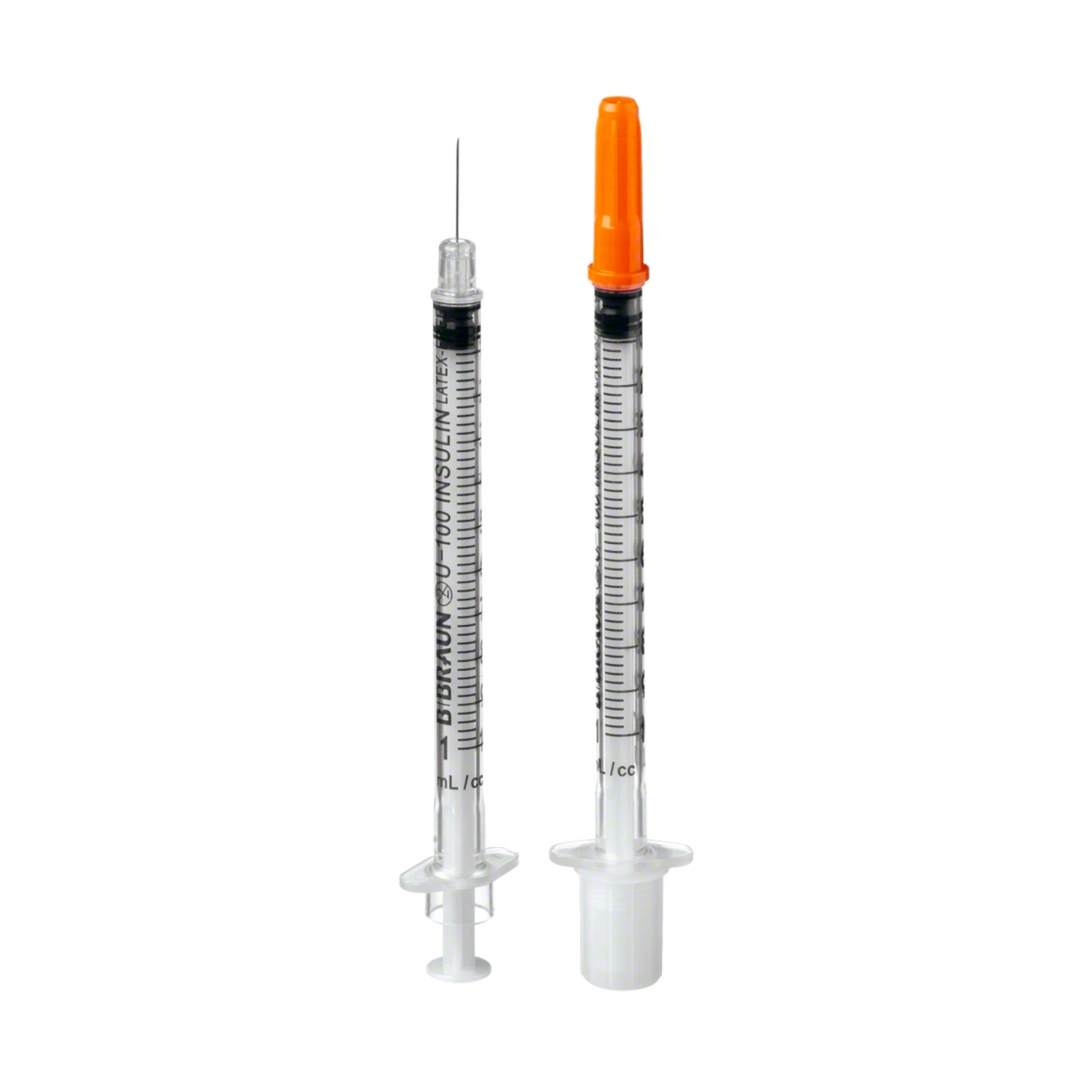 Two B. Braun Omnican® 100 insulin syringes from B. Braun Deutschland GmbH & Co. KG stand upright against a white background. One syringe has the thin needle visible, while the other, intended for subcutaneous insulin delivery, has an orange cap over the needle. Both syringes have clear measurement markings on the barrel.