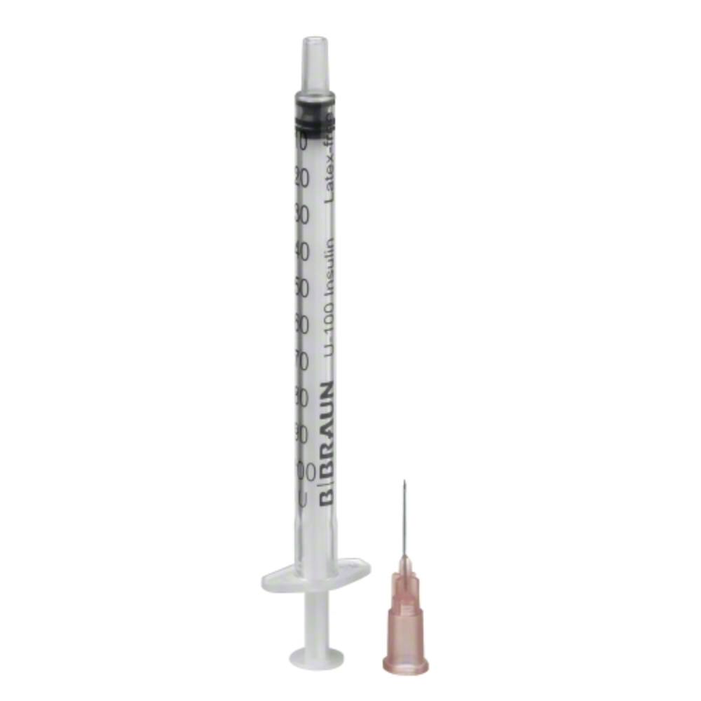 The B.Braun Omnifix® 100 Duo disposable insulin syringe for U-100 insulin with needle is displayed vertically against a white background. The syringe, developed by B. Braun Deutschland GmbH & Co. KG for subcutaneous insulin injections, features measurement markings and a removable needle, as well as a flat base for stability, to ensure a smooth injection every time.