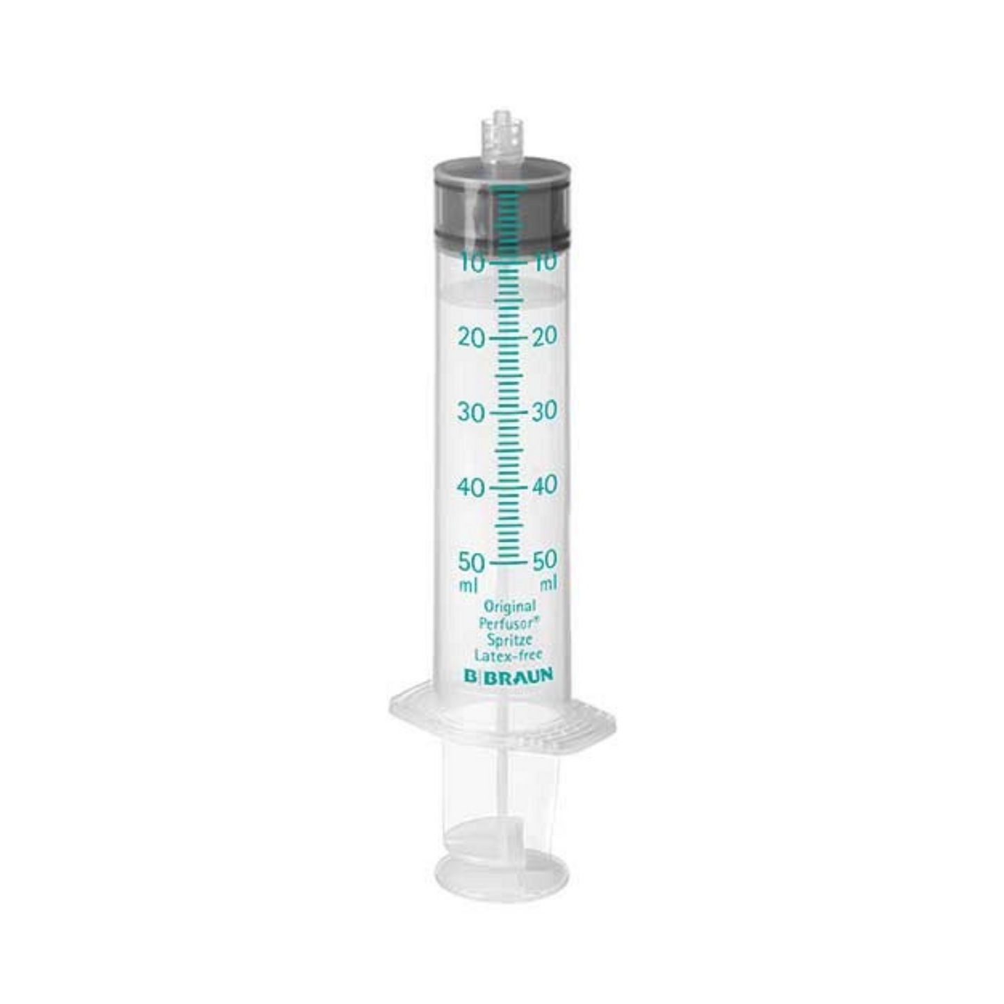 The B. Braun Original-Perfusor® syringe, a transparent polypropylene syringe with blue-green markings for 0 to 50 milliliters, is equipped with a cap and bears the inscription "B. Braun Deutschland GmbH & Co. KG" at the bottom edge. It stands on a white background and resembles those used in Perfusor syringe pump systems.