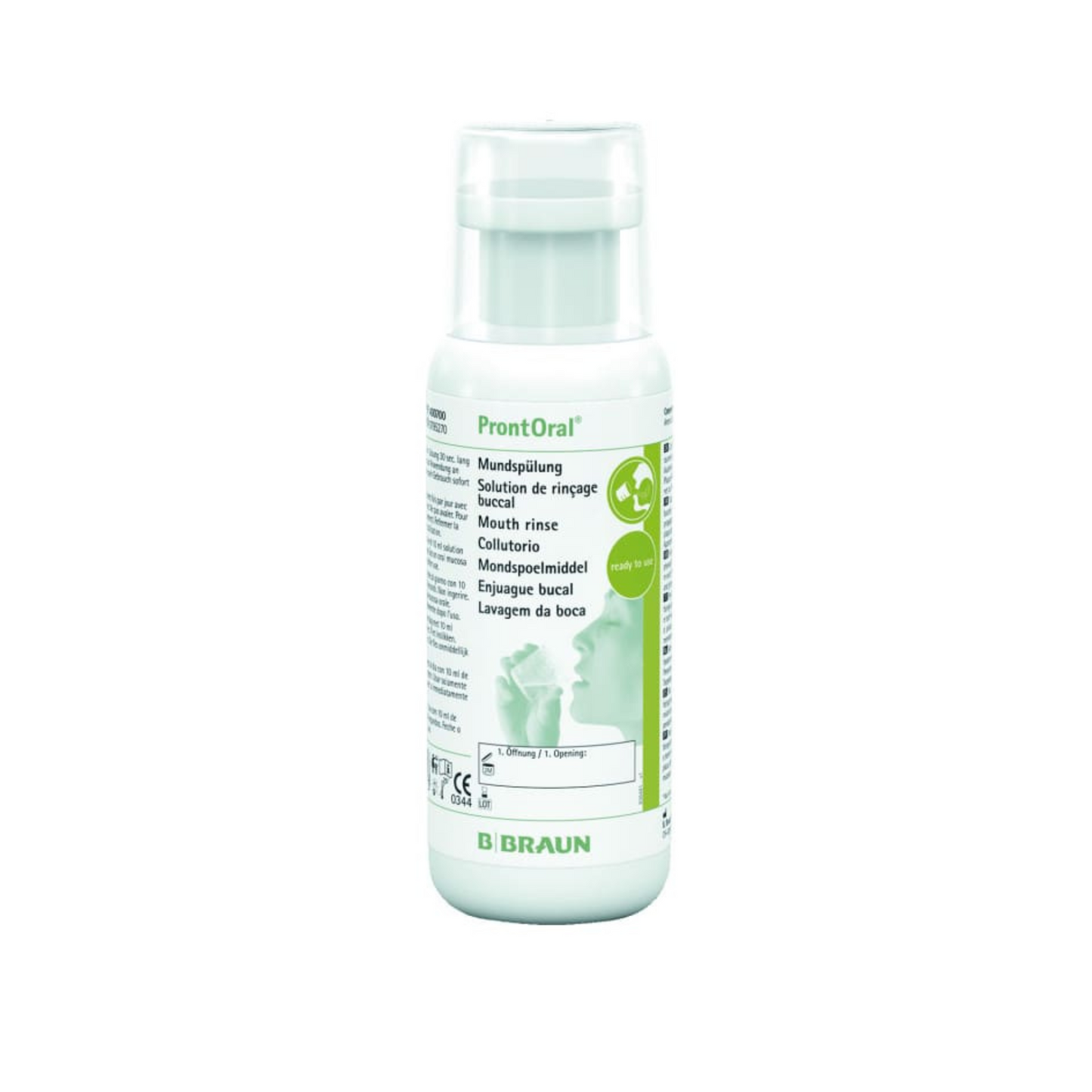 A white-green 250-ml bottle labeled "B. Braun ProntOral® Mouthwash Solution for MRE Decolonization" features the B. Braun logo, an image of two faces as silhouettes, multilingual text including "Mouthwash Solution," and a white cap.