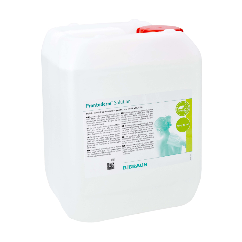 A spacious white container with a carrying handle, containing 'B.Braun Prontoderm® solution for MRE decolonization of skin and mucous membranes' by B. Braun Deutschland GmbH & Co. KG, ensures excellent skin compatibility. The label includes a small text and a green logo as well as an image of a person. The container, specially designed for MRE decolonization, is securely closed with a red cap.