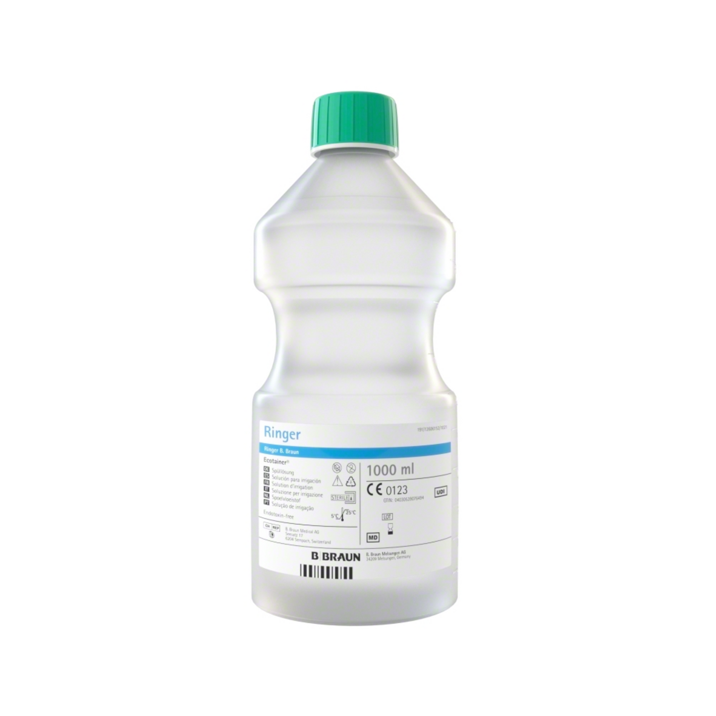 A 1000 ml solution is contained in a clear polypropylene plastic bottle with a green cap and labeled "B. Braun Ringer Ecotainer® Topical Rinse Solution." The label includes product details, volume information, and the CE mark. The manufacturer's name, B. Braun Deutschland GmbH & Co. KG, is printed on the bottom of the bottle.