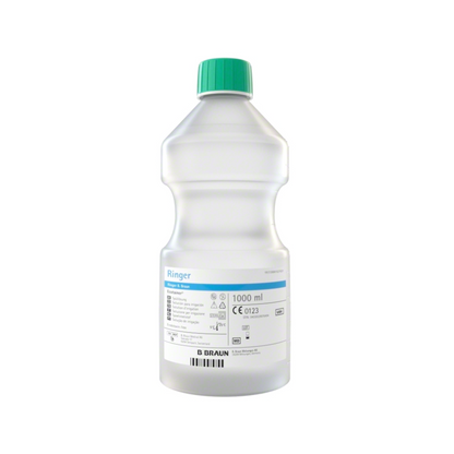 A 1000 ml solution is contained in a clear polypropylene plastic bottle with a green cap and labeled "B. Braun Ringer Ecotainer® Topical Rinse Solution." The label includes product details, volume information, and the CE mark. The manufacturer's name, B. Braun Deutschland GmbH & Co. KG, is printed on the bottom of the bottle.