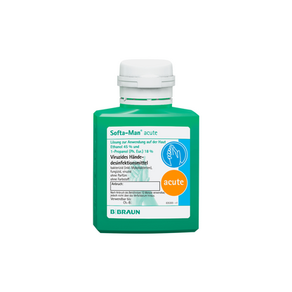 A green bottle of B. Braun Softa-Man® acute hand disinfectant, tailored for the medical field, was designed by B. Braun Deutschland GmbH & Co. KG. The label includes product details, a logo, and a pictorial guide. It is equipped with a white cap and is presented on a plain white background.