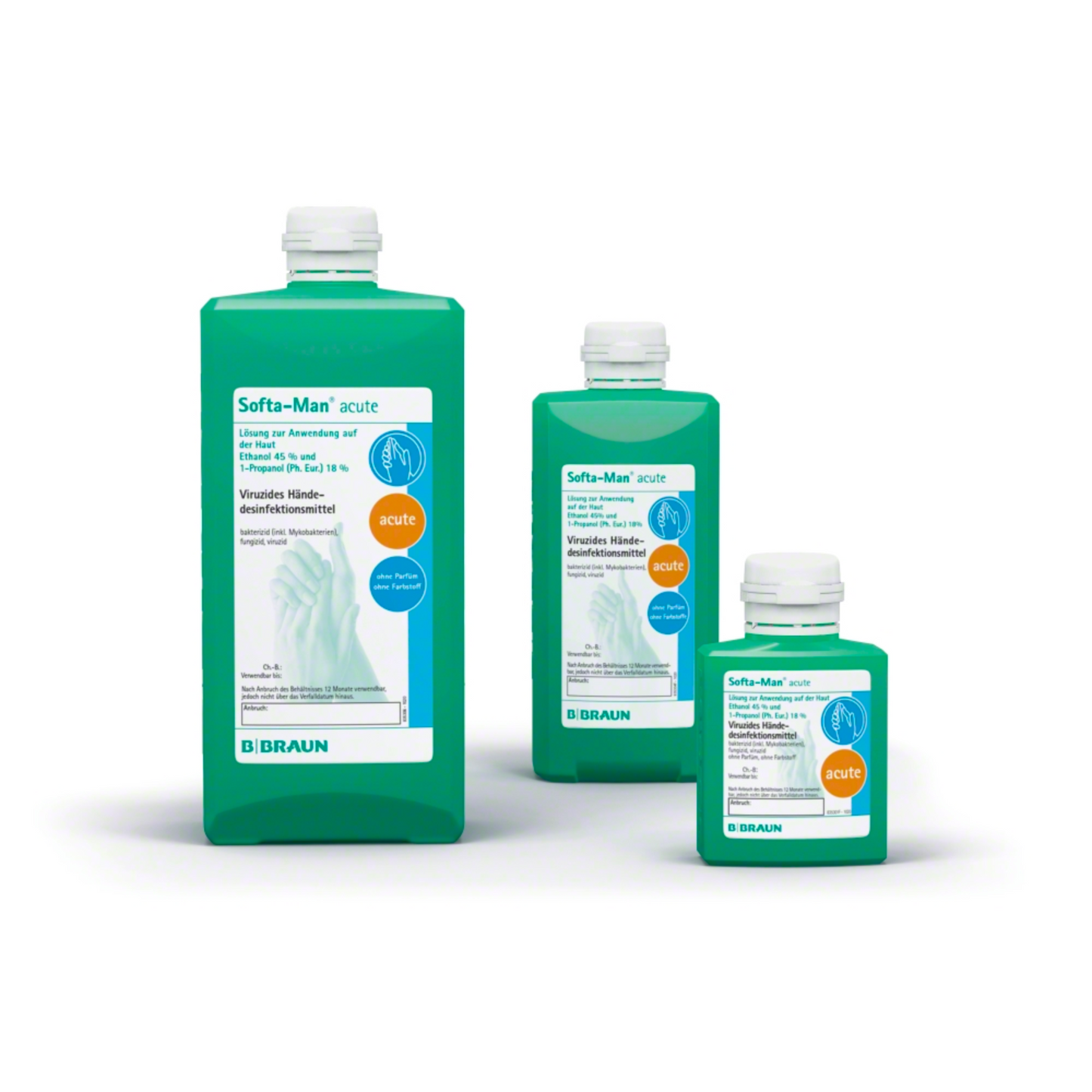 Depicted are three bottles of B. Braun Softa-Man® acute hand disinfectant, ideal for the medical field. These virucidal high-performance hand disinfectant bottles are available in various sizes and feature a green label with a white cap. The brand "B. Braun Deutschland GmbH & Co. KG" is prominently displayed on each bottle.