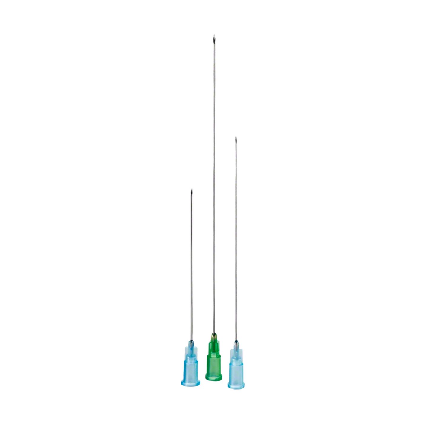 Three B. Braun Sterican® needles for neural therapy injection, each with a uniquely colored tip in blue, green, and light green, stand upright against a pristine white background. These needles, manufactured by B. Braun Deutschland GmbH & Co. KG, are ideal for single-use cannula procedures such as neural therapy.