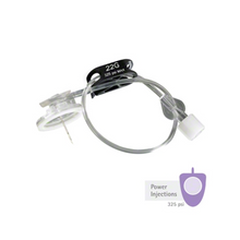 The image shows the B. Braun Surecan® Safety II safety port needle, which consists of a 22-gauge needle connected to a clear tube with a white cap. The label indicates that it can handle power injections up to 325 psi when used with the Surecan® Safety II port catheter systems. A purple symbol emphasizes “Power Injections 325 psi.”