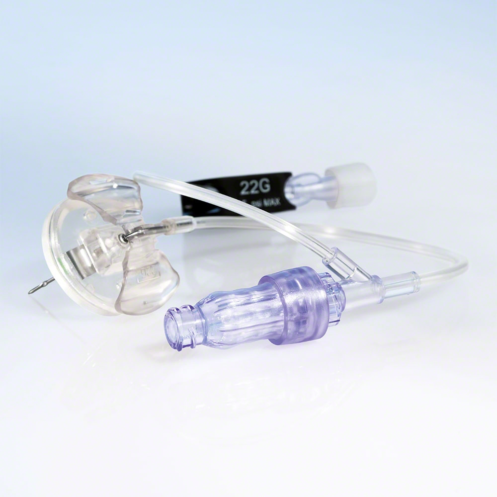 A B.Braun Surecan® Safety II port needle labeled 22 Gauge is attached to a clear and purple tubing set equipped with a Caresite® valve safety cap and connectors on a reflective white surface.