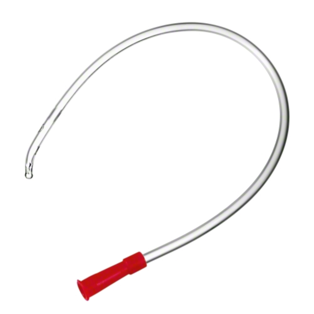 The B.Braun single-use catheter for men with Tiemann tip, 40 cm, in a clear design with a red Tiemann tip, is manufactured by B. Braun Deutschland GmbH & Co. KG for precise applications.