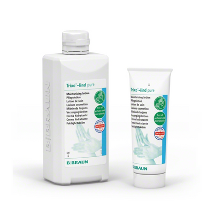 The image shows two containers B. Braun Trixo®-lind pure care lotion, a product of B. Braun Deutschland GmbH & Co. KG. On the left is a large bottle with a screw cap and on the right a smaller tube with a flip cap can be seen. Both are suitable for sensitive skin and feature a label with blue-green text indicating that the lotion is fragrance-free.