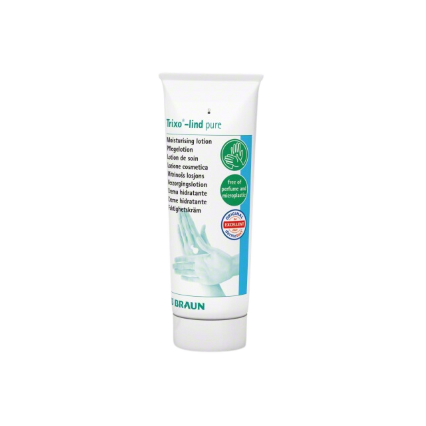 The white tube B. Braun Trixo®-lind pure care lotion is ideal for sensitive skin. It is equipped with a green-blue label featuring a hand symbol and multilingual application instructions. At the bottom edge, the brand name B. Braun Deutschland GmbH & Co. KG is displayed.