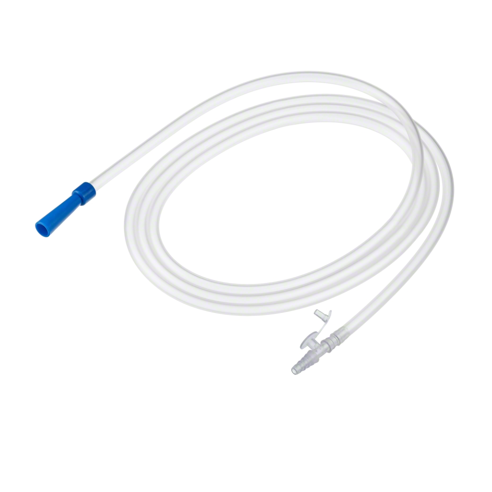 A coiled white hose with a blue end and transparent connector, similar to the B. Braun Vacufix® suction hoses with funnel/fingertip from B. Braun Deutschland GmbH & Co. KG, equipped with a small plastic clamp for flow control.