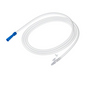 A coiled white hose with a blue end and transparent connector, similar to the B. Braun Vacufix® suction hoses with funnel/fingertip from B. Braun Deutschland GmbH & Co. KG, equipped with a small plastic clamp for flow control.