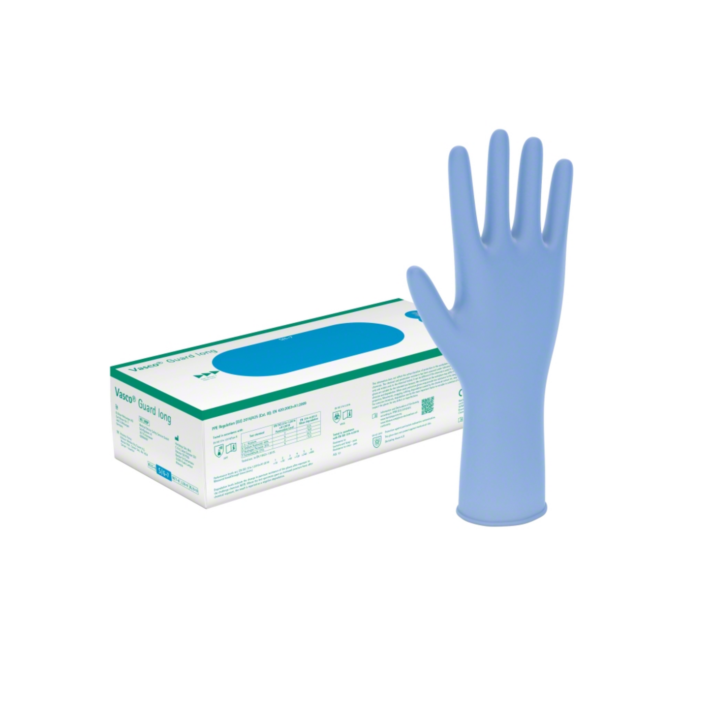 A blue B. Braun Vasco® Guard long disposable glove, extra long and latex-free, stands upright next to its packaging box. The plain white background beautifully highlights these nitrile-butadiene examination gloves from B. Braun Deutschland GmbH & Co. KG.