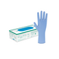 A blue B. Braun Vasco® Guard long disposable glove, extra long and latex-free, stands upright next to its packaging box. The plain white background beautifully highlights these nitrile-butadiene examination gloves from B. Braun Deutschland GmbH & Co. KG.