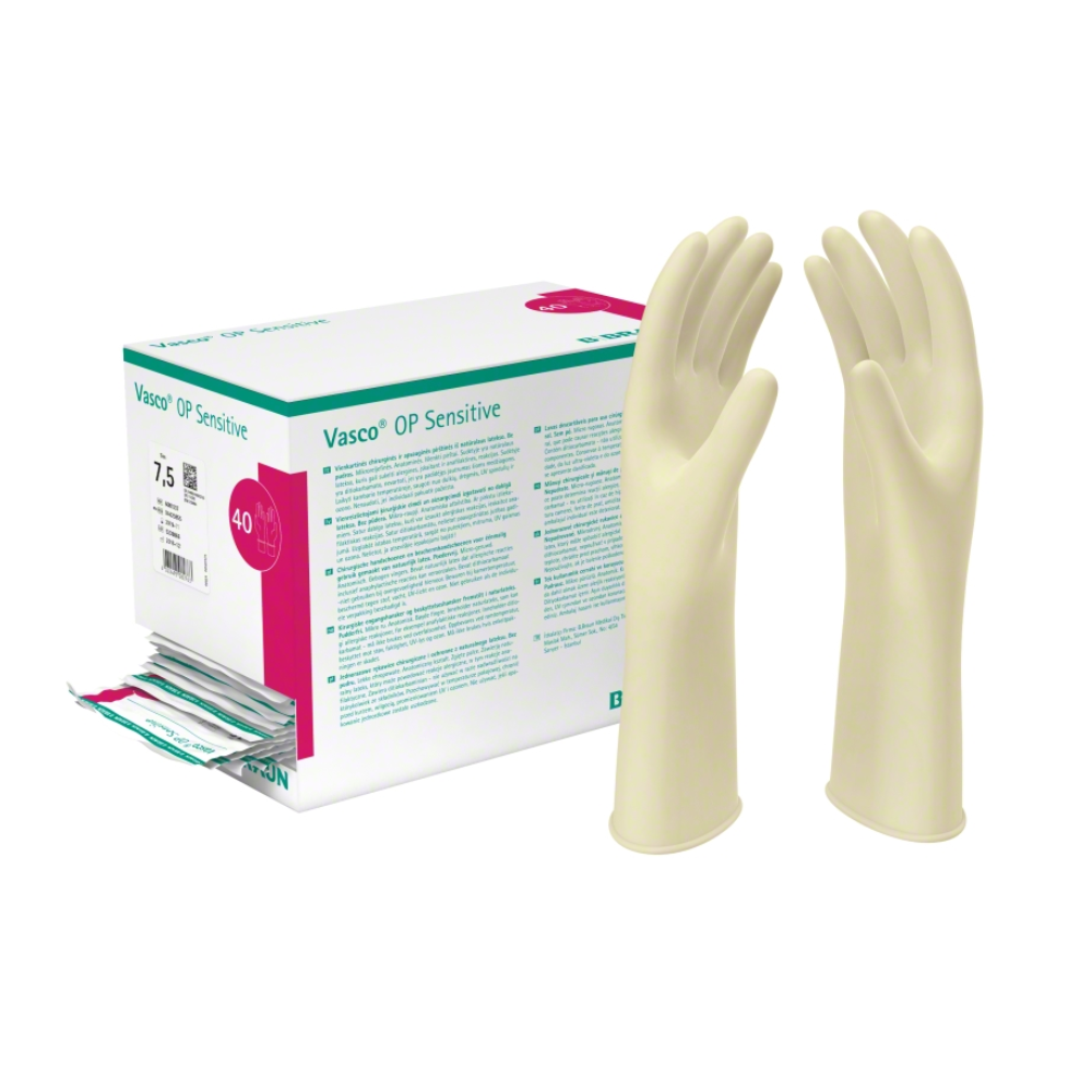 A box of B. Braun Vasco® OP Sensitive natural white latex surgical gloves is seen next to an upright pair of gloves. The white box features green and pink accents and includes text with detailed product information, highlighting “highest protection” for “surgical procedures”. Several individually packaged gloves are partially visible.