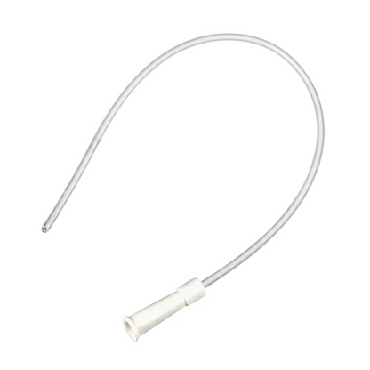 A clean and flexible medical tube with a transparent structure, curved design, and a white connector at one end is isolated on a plain white background and resembles the B. Braun Nelaton single-use catheter for men by B. Braun Deutschland GmbH & Co. KG.