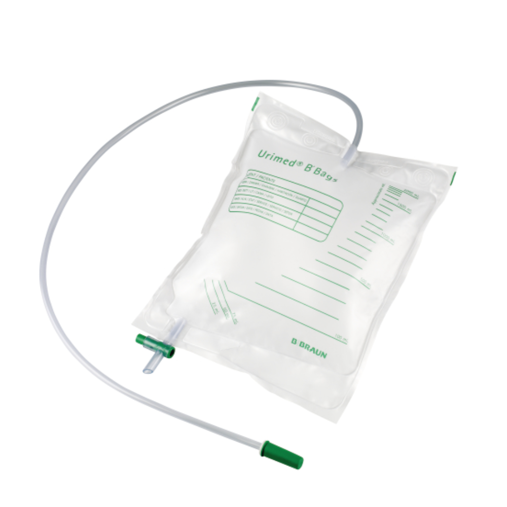 The B. Braun Urimed® B'Bags urine and secretion bag from B. Braun Deutschland GmbH & Co. KG is a transparent urine collection bag for medical purposes. It features graduated markings and a capacity chart, is latex-free, and has a flexible tube with green connectors for efficient drainage. This makes it an excellent option for handling urine and secretions.