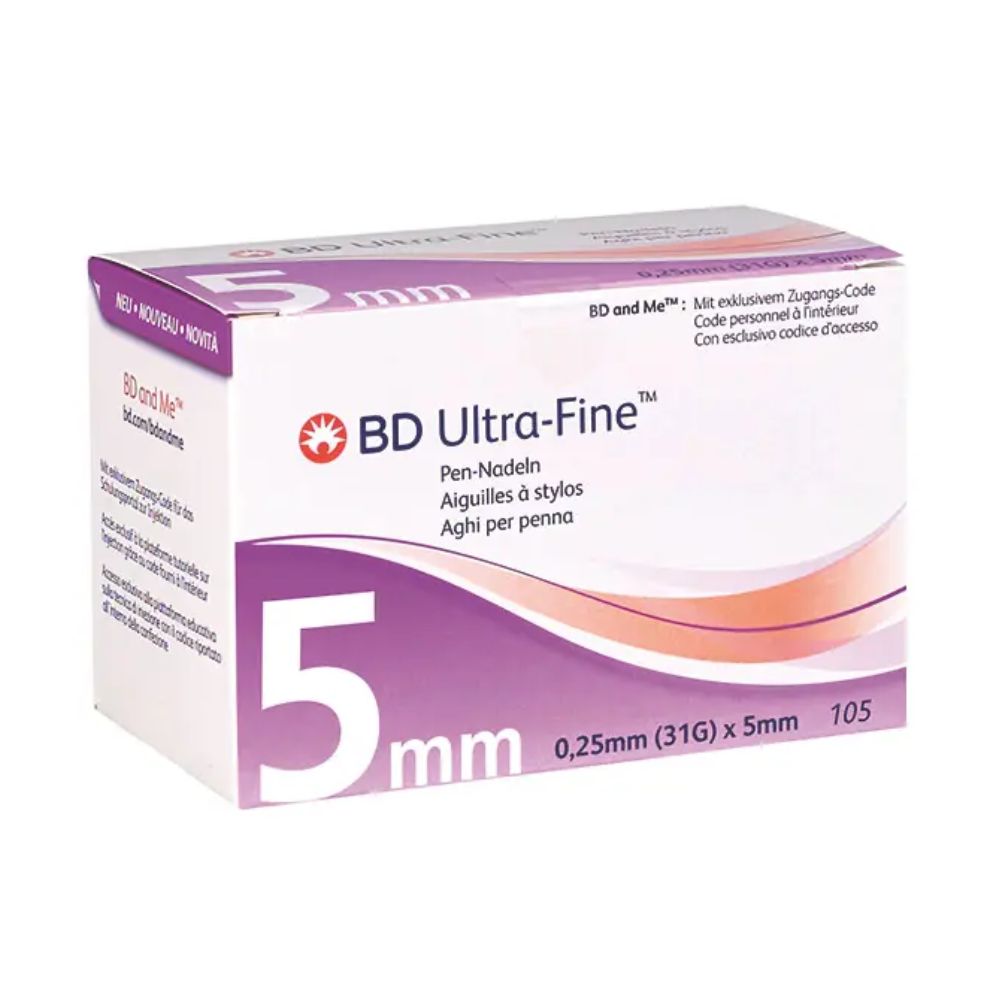 A box of BD Ultra-Fine Pen Needles from BD, Becton Dickinson GmbH, contains 105 needles measuring 0.25 mm (31G) x 5 mm for insulin injections. The packaging features multilingual text and a stylized red-orange swoosh design, perfect for effective diabetes management.