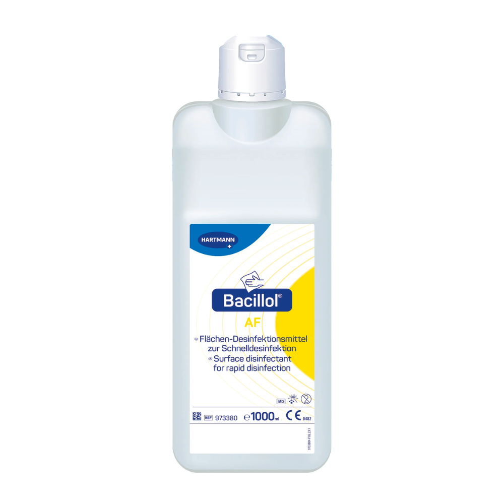 A bottle of BODE Bacillol® AF surface disinfectant from Paul Hartmann AG with a white-blue label, containing German text indicating that it is a fast surface disinfectant. The bottle has