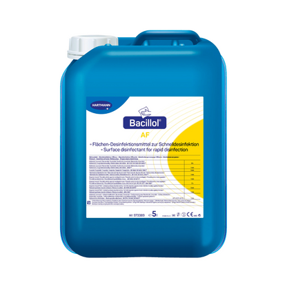 A blue plastic canister of BODE Bacillol AF surface disinfectant, labeled in English and German. The container is marked for quick disinfection with a filling quantity indication from Paul Hartmann AG.