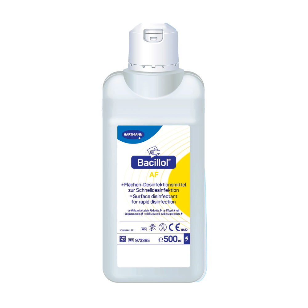 A 500 ml bottle of BODE Bacillol® AF surface disinfectant from Paul Hartmann AG. The label features blue and yellow graphics and provides information in.