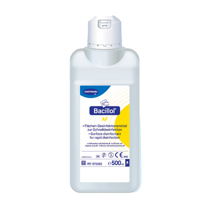 A 500 ml bottle of BODE Bacillol® AF surface disinfectant from Paul Hartmann AG. The label features blue and yellow graphics and provides information in.