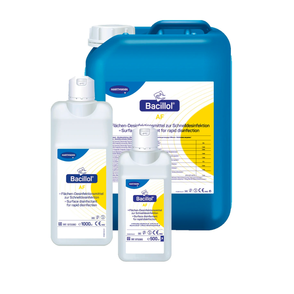 Four containers of BODE Bacillol® AF surface disinfectant from Paul Hartmann AG in different sizes, including a spray bottle, small and large bottles, as well as a jumbo container, all in blue and white colors.