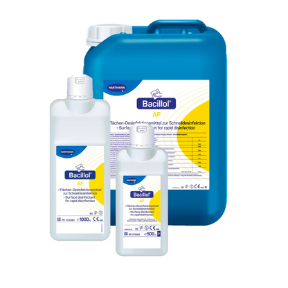Four containers of BODE Bacillol® AF surface disinfectant from Paul Hartmann AG in different sizes, including a spray bottle, small and large bottles, as well as a jumbo container, all in blue and white colors.