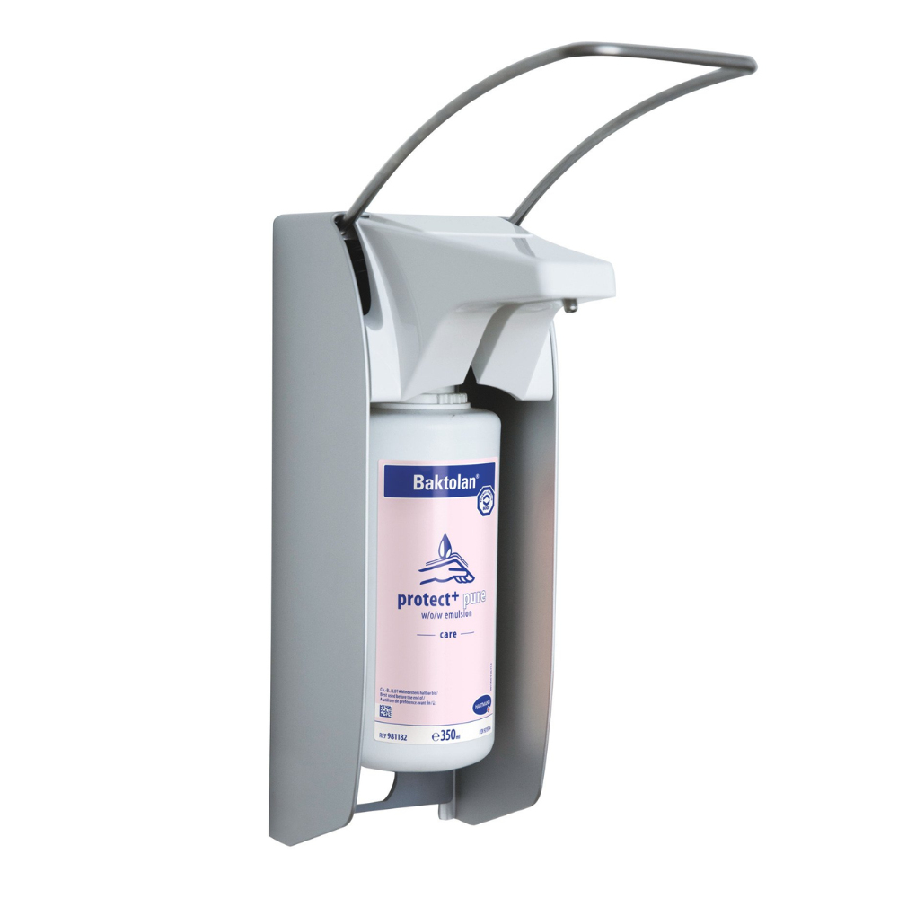 The wall-mounted hand sanitizer dispenser “Hartmann Bode Eurospender 1 plus with long lever for 350/500 ml bottle” from Paul Hartmann AG, which is designed with a sleek, gray plastic housing, features a long lever for dispensing the sanitizer. With its efficient and user-friendly design, it ensures hygienic hand disinfection.