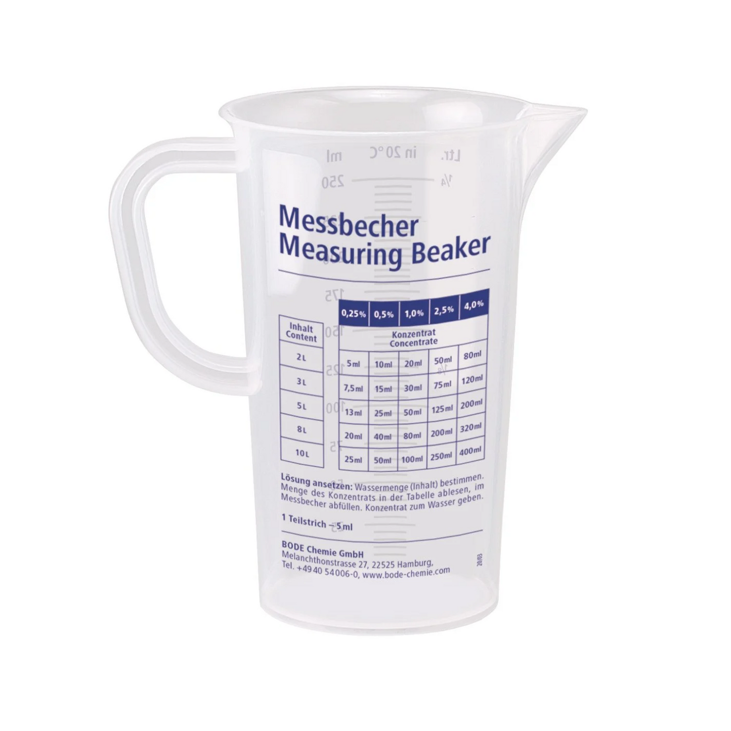 A transparent 250 ml BODE measuring cup with metric scale markings and a detailed instruction manual printed in German for converting volume to weight of cooking ingredients like sugar and flour by Paul Hartmann AG.