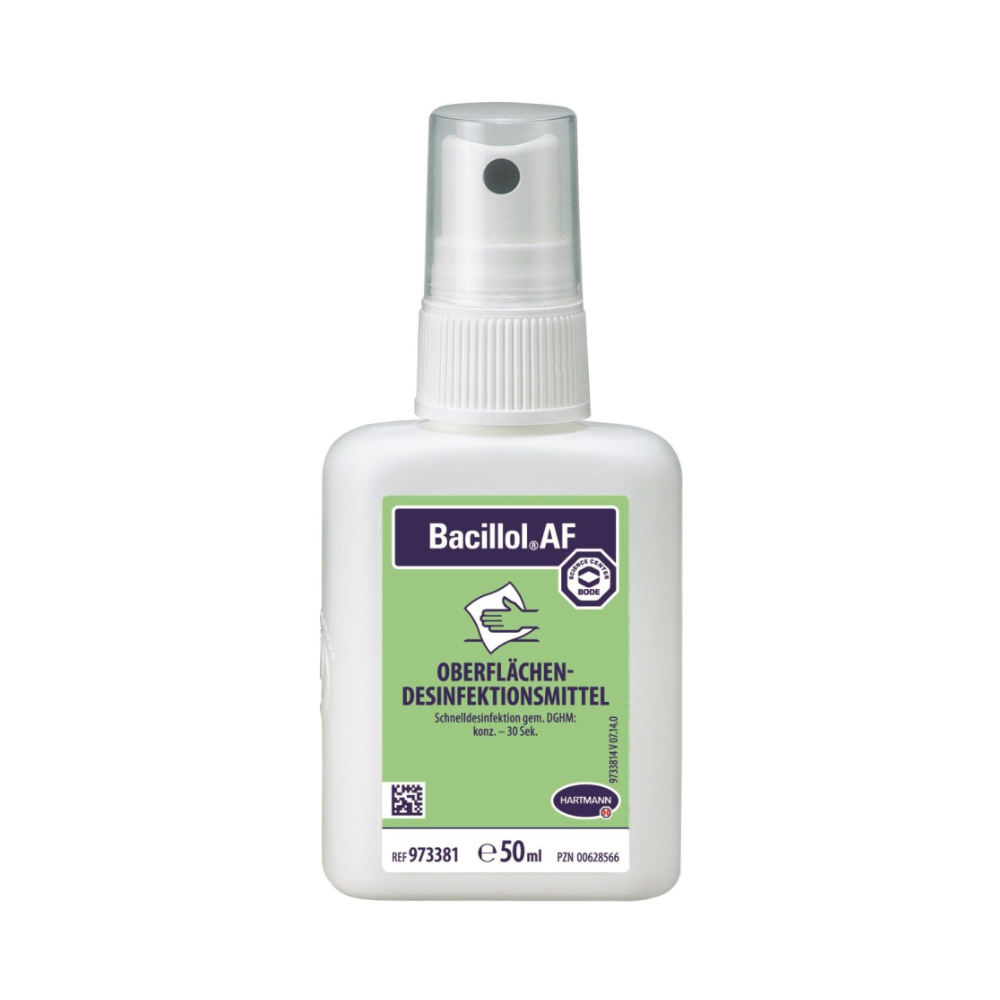 A bottle of BODE Bacillol® AF surface disinfectant spray. It is a 50 ml container in white with purple and green lettering, indicating that it is a surface disinfectant from Paul Hartmann AG.
