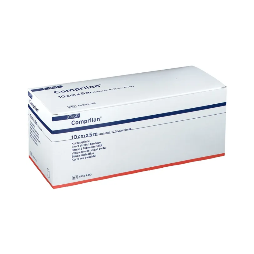 A rectangular white-blue box labeled "BSN Comprilan®" from BSN Medical GmbH contains a textile-elastic short-stretch bandage measuring 10 cm x 5 m. Ideal for phlebological indications, the box contains product details and is securely closed.