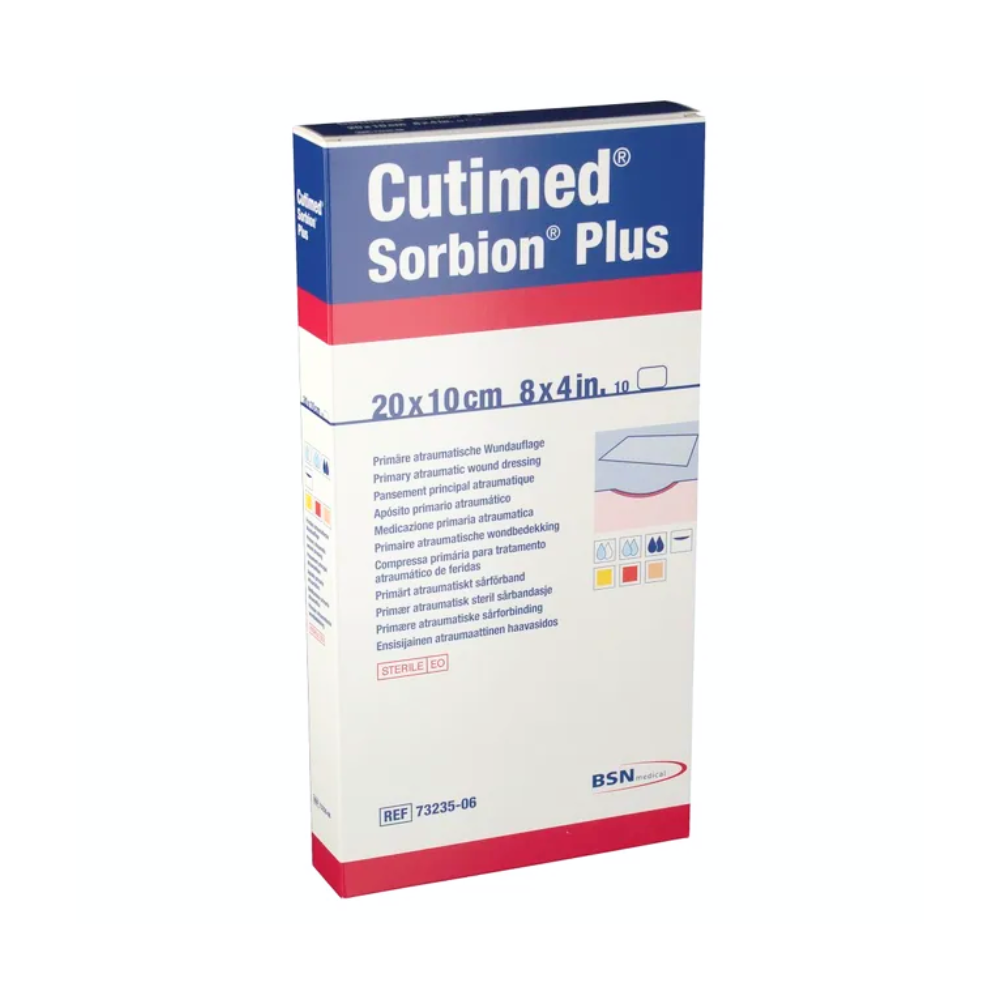 The BSN Cutimed® Sorbion® Plus wound contact layer from BSN Medical GmbH is a medical dressing with an atraumatic wound contact layer for improved healing. The packaging measures 20 x 10 cm (8 x 4 inches) and contains instructions and information in multiple languages. The box is mainly white with blue and red text.