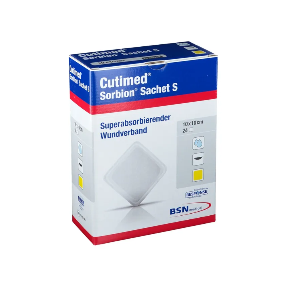 The BSN Cutimed® Sorbion® Sachet S wound dressing from BSN Medical GmbH is presented in packaging that highlights the super-absorbent wound dressing for optimal exudate management. The predominantly white box, adorned with blue and red accents, contains 24 pieces in the size 10x10 cm.