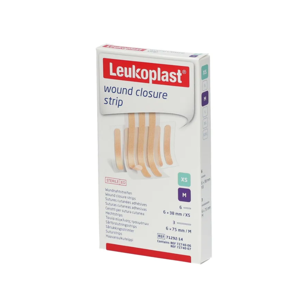 Pictured is the BSN Leukoplast® wound closure strip from BSN Medical GmbH, available in a pack of 9 strips. The packaging is predominantly white, accented by red and blue text and images of the strips on the front. It emphasizes their elasticity through polyamide threads and mentions additional sizes XS and M for precise skin closure.