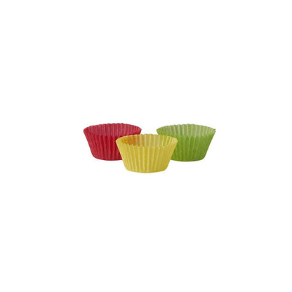Three colorful cupcake liners from the PAPSTAR baking mold collection Ø 2.4 cm are elegantly presented on a plain white background. The parchment-structured liners, offered by PAPSTAR GmbH in shades of red, yellow, and green, are arranged in an attractive triangular formation.