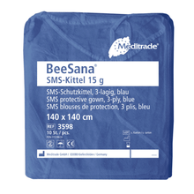 A pack of 100 Meditrade BeeSana® SMS gowns 15g (discontinued item) from Meditrade GmbH, for single use. Product info in German, English & French.
