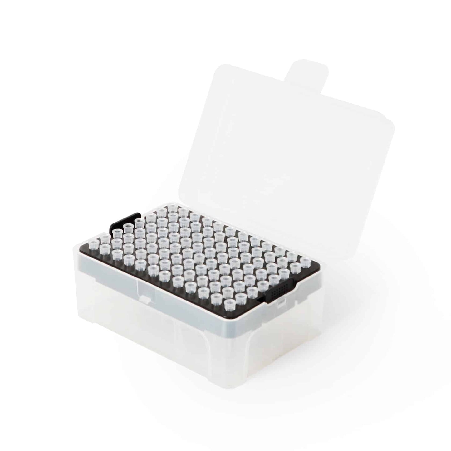 A transparent plastic holder contains a grid of 96 Altruan Sterile Pipette Tips 10/20µl with filter, each with a lid and arranged in rows, with the lid open. The box is depicted against a plain white background.