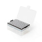 A transparent plastic holder contains a grid of 96 Altruan Sterile Pipette Tips 10/20µl with filter, each with a lid and arranged in rows, with the lid open. The box is depicted against a plain white background.